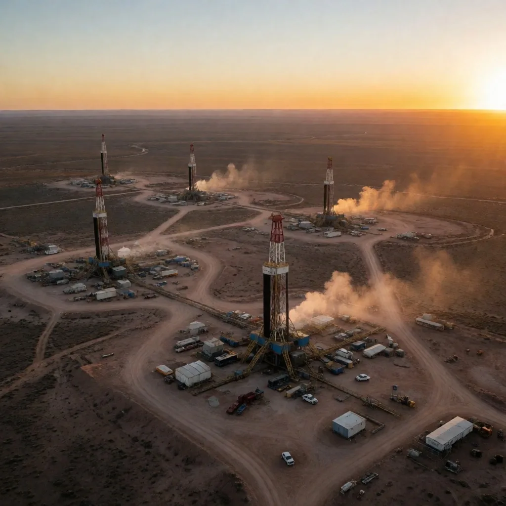 Instalaciones de extracción en la Cuenca Neuquén al anochecer