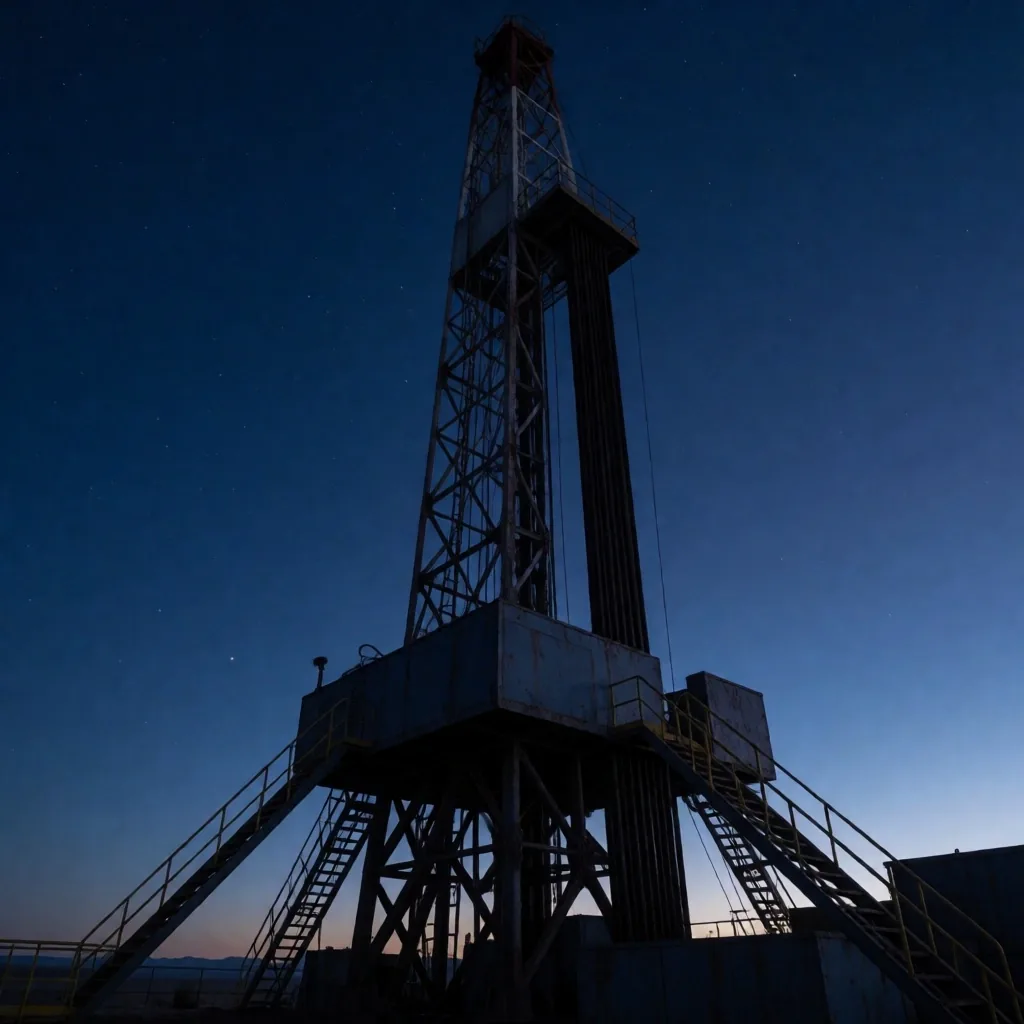 Plataforma de perforación al atardecer en la Cuenca Neuquina
