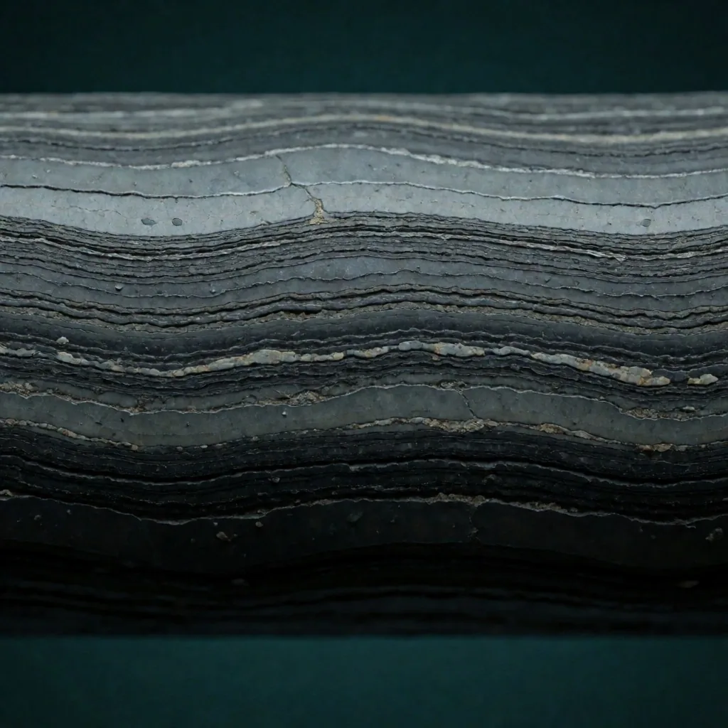 Sección estratigráfica de sedimentos marinos con laminaciones orgánicas