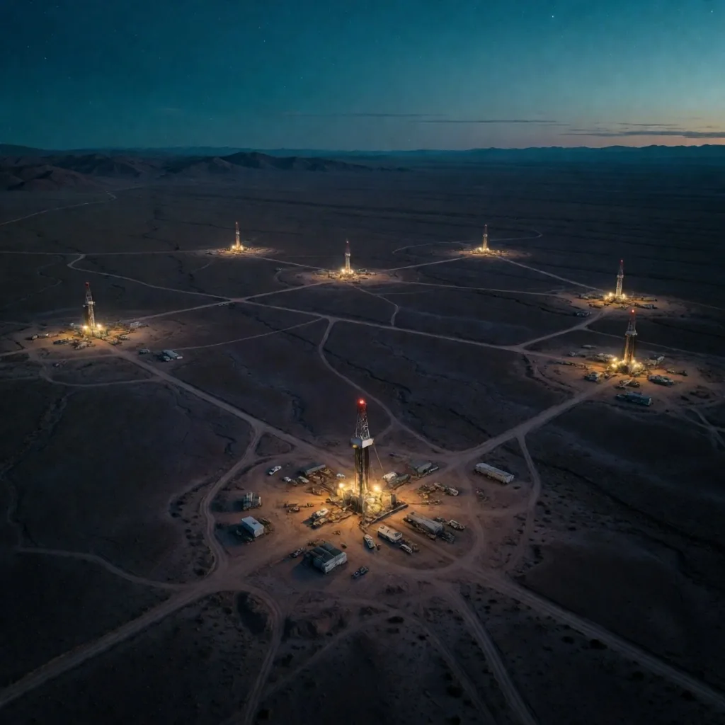 Vista aérea de un campo de perforación en la Cuenca Neuquina al crepúsculo
