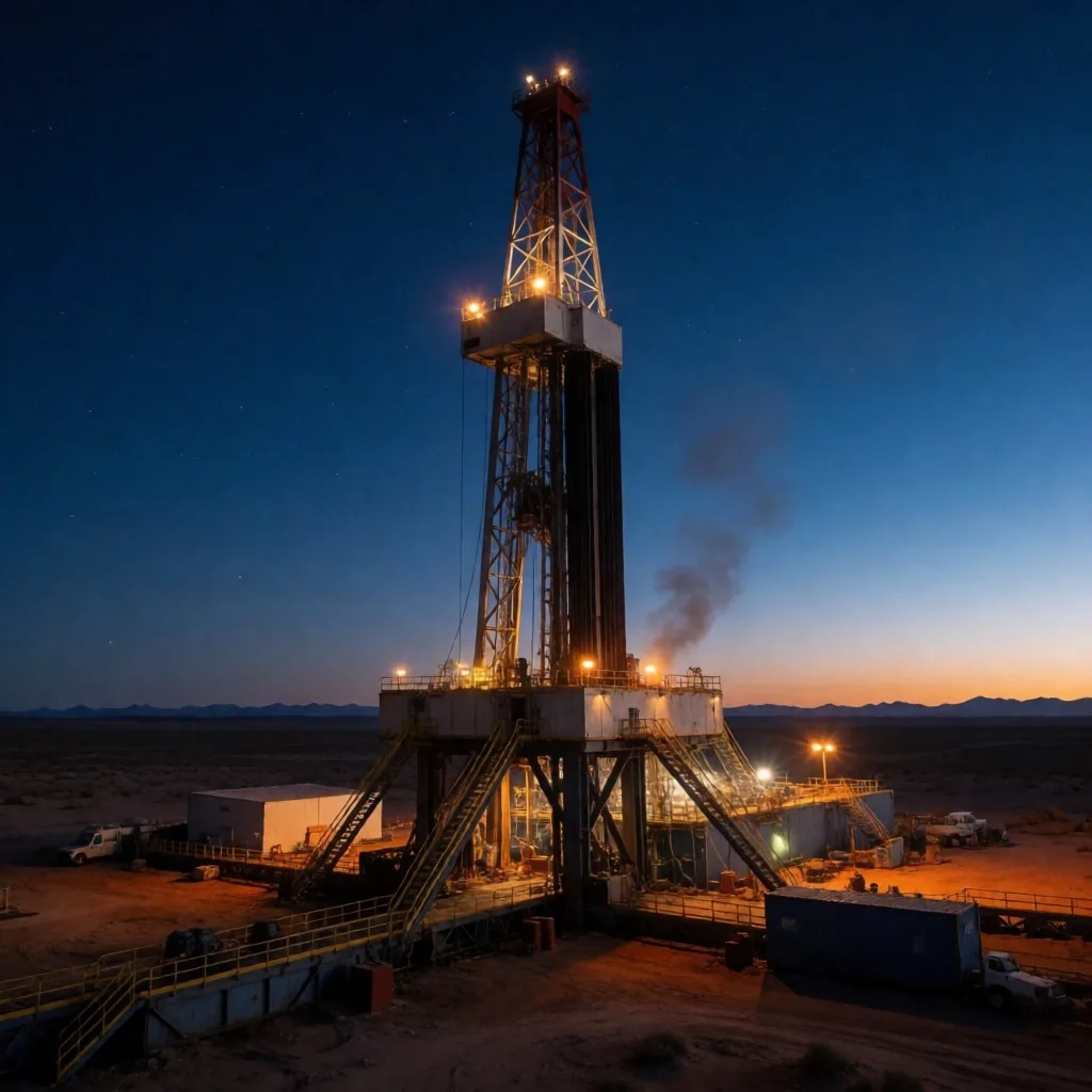 Sitio de extracción en la Cuenca Neuquina al anochecer