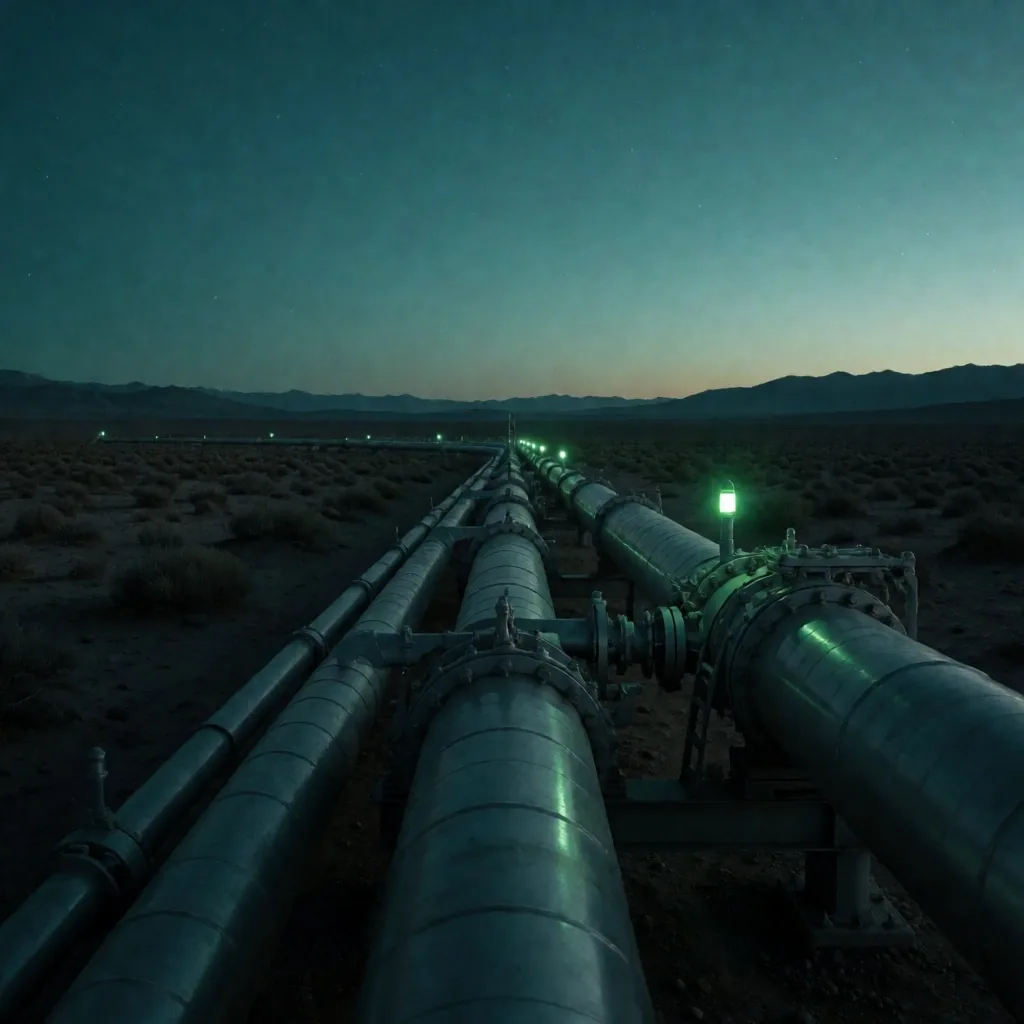 Infraestructura de gasoducto en la cuenca neuquina al anochecer