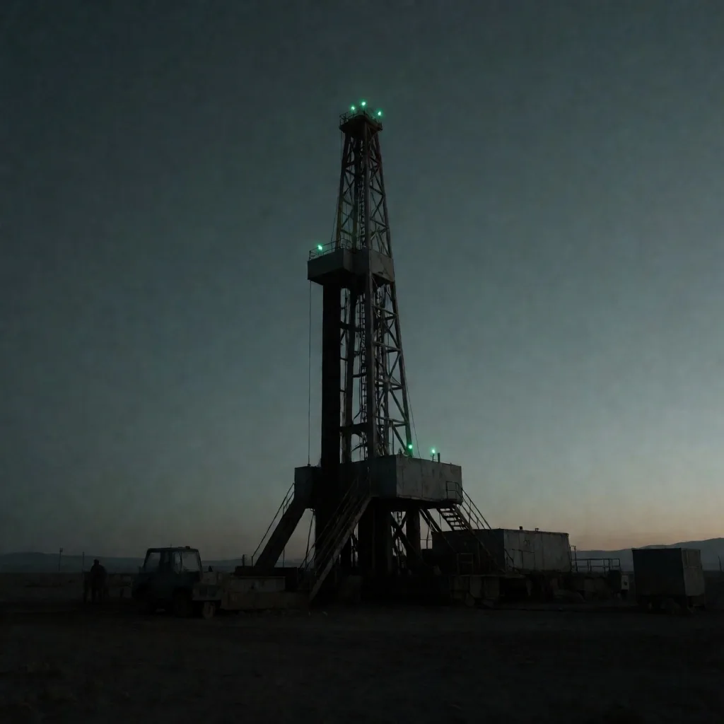 Sitio de extracción en la cuenca de Vaca Muerta al anochecer