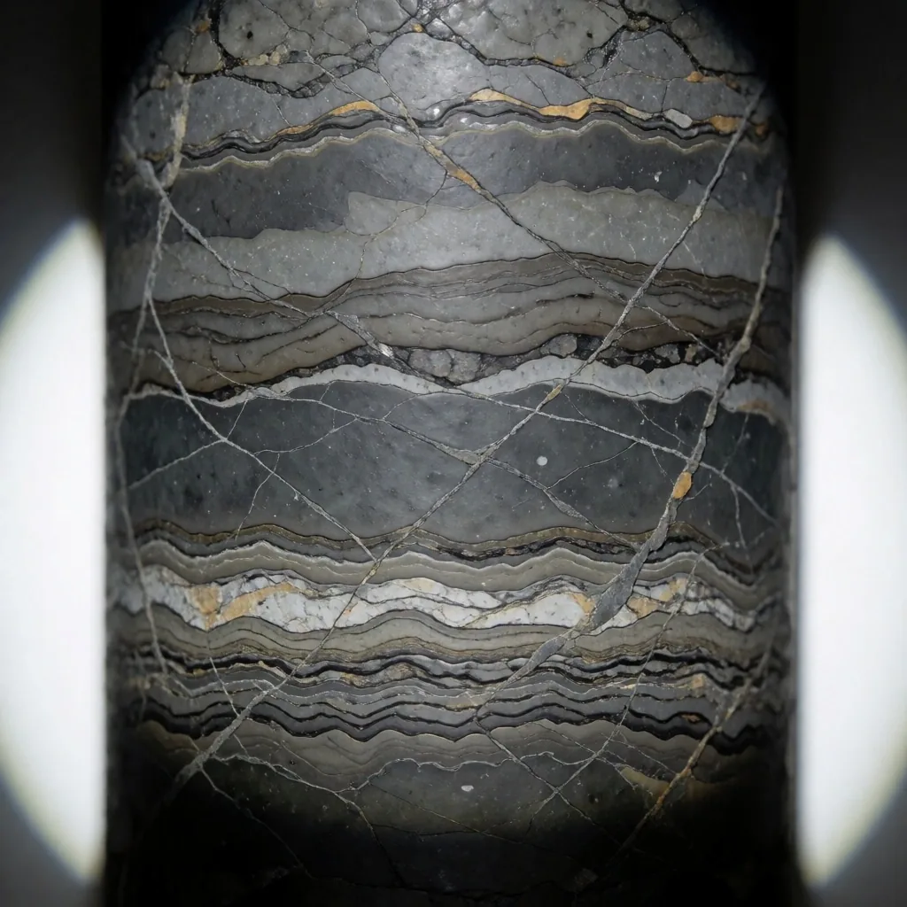 Detalle macro de núcleo de roca esquistos de Vaca Muerta
